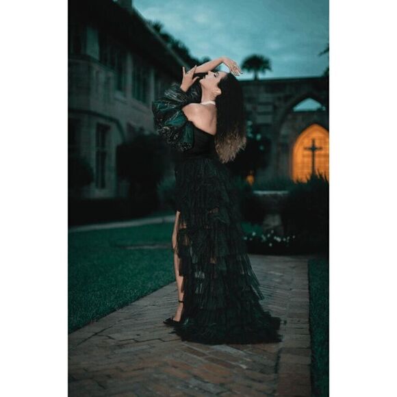 🖤 NEW Goth Tier Layered Tulle Mesh Petticoat Train Wrap Hi-Lo Black Open Skirt - Picture 12 of 17